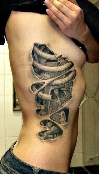 Ripped Skin Tattoo, Biomech Tattoo, Tato 3d, Ta Moko Tattoo, Biomechanical Tattoo Design, Best 3d Tattoos, Tatoo 3d, Mechanic Tattoo, Bauch Tattoos