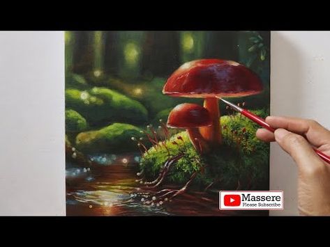 (1554) How to Realism Acrylic painting a Mushrooms on Canvas step by step techniques for beginners tutorial - YouTube Painting Nature, Realism, Step By Step, Acrylic Painting, Stuffed Mushrooms, Yellow, Canvas, Red, Nature