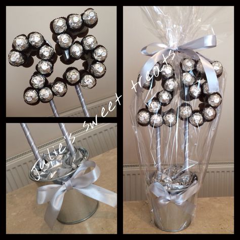 25th silver wedding anniversary sweet tree created using original ferrero rochers £25 Silver Wedding Gifts, Candy Trees, 25th Anniversary Gifts, Sweet Trees, Chocolate Candies, Silver Wedding Anniversary, Candy Crafts, 25th Wedding Anniversary, Silver Anniversary