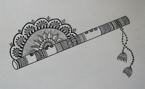 Krishna Basuri Mandala Art, Krishna Flute Mandala Art, Easy Krishna Flute Drawing, Krishna Basuri Drawing, Basuri Flute Drawing, Flute Drawing Design, Mandala Flute, Veena Mandala, Basuri Krishna Flute Drawing