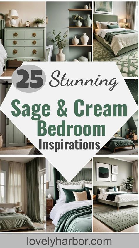 Ignite your creativity with these sage green and cream bedroom ideas! Transform your sleeping space into a serene sanctuary that whispers elegance and calmness. Perfect for anyone looking to create a restful retreat with a dash of sophistication. #BedroomDecor #SageGreen #HomeInspiration Reimagine your bedroom today! Sage Master Bedrooms Decor, Green And Cream Bedroom Ideas, Green Cream Bedroom, Sage Green Bedroom Walls, Sage Green And Cream Bedroom, Serene Bedroom Ideas, Sage Green Dresser, Green And Cream Bedroom, Cream Bedroom Ideas