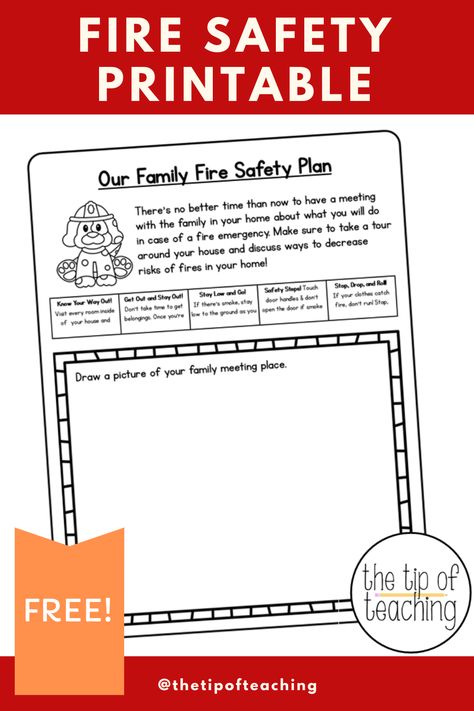 Free printable to send home for a family activity. Fire safety tips and a space to make your family meeting place. Fire Safety Home Plan, Free Fire Safety Printables, Fire Safety Rules, Fire Safety Free, Fire Safety For Kids, Safety Rules For Kids, Fire Safety Activities, Fire Safety Preschool, Fire Safety Tips