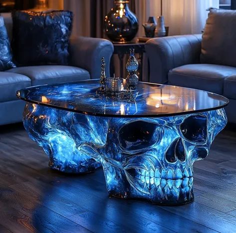 ↑↑↑ Larger size on website 🔸 The image showcases a unique coffee table designed in the shape of a skull. The skull is crafted fro Skull House Decor, Skull Room Decor, Skull Furniture, Unique Coffee Table Design, Early American Furniture, Skull Home Decor, Spooky Kitchen, Skull Shower Curtain, Epoxy Tables