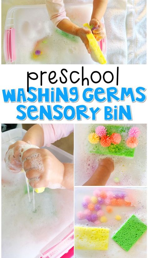 We LOVE this washing germs sensory bin. Great for a healthy habits theme in tot school, preschool, or even kindergarten! Preschool Healthy Habits, Germs Preschool, Germs Lessons, Germs Activities, Healthy Habits Preschool, Hygiene Activities, Body Preschool, Health Activities, Activities For Children