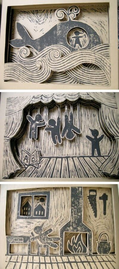 Book Art Tunnel Book, Arts Ed, Pop Up Book, Green Chair, Paper Cut Art, Art And Illustration, Pinocchio, Kirigami, Monoprint