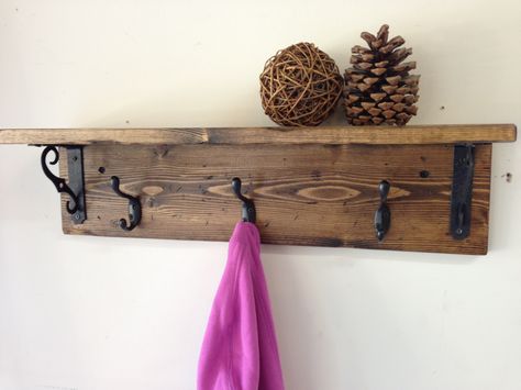 Handmade, wall mount, rustic wood coat rack with shelf.  A beautiful storage and display piece for your entryway. 3 hooks and shelf brackets in oil rubbed bronze. Diy Coat Hooks, Coat Hook Shelf, Diy Coat Rack, Coat Hooks On Wall, Diy Coat, Shelf With Hooks, Coat Rack Shelf, Diy Wand, Rustic Ideas