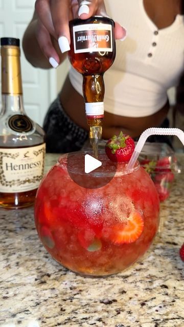 Henny Drinks Recipes, Strawberry Hennessy Drink Recipe, Strawberry Henny, Henny Drinks, Fish Bowl Drink, Strawberry Hennessy, Alcohol Punch, Fishbowl Drink, Hennessy Drinks