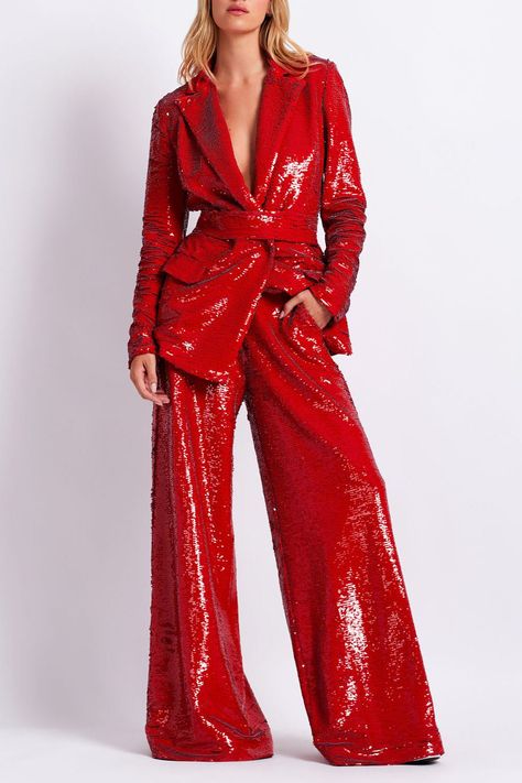 Patbo sequin wide leg pant in poppy.96% polyester, 4% elastane Dry Clean Made in Brazil Sequin Blazer Outfit, Great Neck New York, Sequin Suit, Kelsea Ballerini, Fall 23, Metallic Pants, Sequin Blazer, Belted Blazer, Aesthetic Life