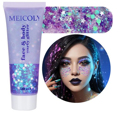 PRICES MAY VARY. Sparkly Mermaid Face Glitter:MEICOLY mermaid face glitter has shimmery and beautiful color with thick glitter,a little goes a long way with great shimmer shine and no smudging,the glitter not sticky or cracked when apply on your skin,make you enjoy the mermaid costume with comfortable feeling Easy to Use --- MEICOLY light purple face glitter is self-adhesive glitter gel that is sticky, so you don't need to use glue when using it,save your makeup time.Face jewels stick on glitter Galactic Makeup, Glitter Face Paint, Rave Glitter, Mermaid Face, Glitter Halloween, Face Glitter, Witch Makeup, Glitter Face, Purple Mermaid