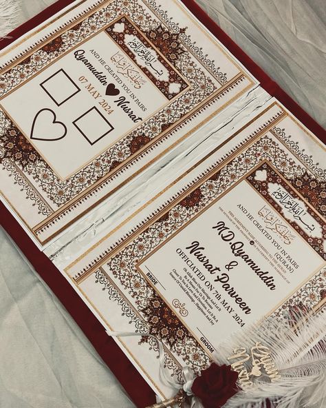 Nikah Namah❤️ Every ‘Qubool hai’ marks the beginning of beautiful forever💫 A Beautiful Nikah Namah with pen on frame can be customised according to your preferences colour/theme Dm us for more details 💌 Don’t forget to to like , share , comment 🙈 For more such creative ideas and gifts do follow and stay tunes with @art_attack000 #nikahnama #nikahnamahbooklet #nikahnamabooklet #nikahframe #weddinginspiration #weddingideas #weddingdecor #weddingessentials #nikahthings #nikah #ａｅｓｔｈｅｔｉｃ Nikah Card Design, Nikah Nama Booklet Ideas, Nikha Nama Booklet, Nikha Nama Frame, Countdown Video Ideas, Nikkah Nama Design, Nikah Aesthetic, Nikah Card, Nikah Frame