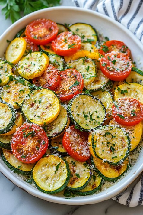 Looking for a simple yet flavorful side dish? This Roasted Garlic-Parmesan Zucchini, Squash, and Tomatoes recipe is a perfect choice! Fresh zucchini, tender squash, and juicy tomatoes are tossed in garlic and Parmesan, then roasted to golden perfection. It's a light, healthy, and delicious way to enjoy your summer veggies! 2 small zucchini (about 1 Zucchini Recipes In Oven, Zucchini Recipes Roasted, Squash And Zucchini Recipes Oven, Tomato And Zucchini Recipes, Roasted Zucchini And Yellow Squash, Roasted Squash And Zucchini, Zucchini And Yellow Squash Recipes, Zucchini Tomato Bake, Italian Squash