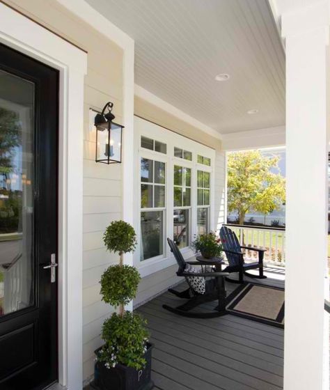 this is pretty - tan ext, black door, white trim--look at porch floor color!! Porch Design Ideas, Traditional Porch, Porch Paint, Porch Windows, Porch Flooring, Backyard Porch, House With Porch, Front Porch Decorating, Porch Design