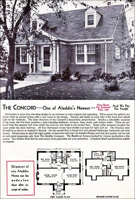 The Concord Kit House Floor Plan made by the Aladdin Company in Bay City Michigan in 1940 Vintage 1940s House Plans, Vintage House Exterior, Mid Century Colonial, Vintage Floor Plans, Cape Cod House Plans, Downstairs Bedroom, Vintage Homes, Vintage House Plans, Attic Renovation