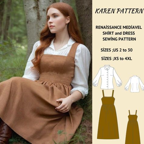 Medieval Dress Pattern Free, Dark Academia Sewing Pattern, Cottage Core Dress Pattern, Overskirt Pattern, Free Vintage Sewing Patterns, Elvish Dress, Medieval Dress Pattern, Historical Clothing Patterns, Medieval Cosplay