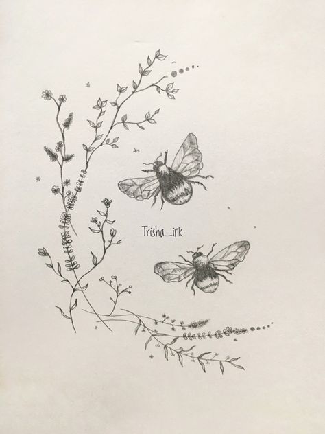 Bee And Plant Tattoo, Flowers And Bugs Tattoo, Bees And Butterflies Tattoo, Bee And Butterfly Tattoo, Insect Tattoo Design, Floral Bee Tattoo, Bees Tattoo, Butterfly Thigh Tattoo, Earthy Tattoos