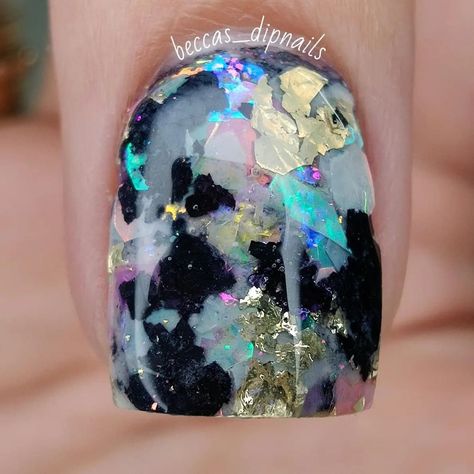 Black Opal Nail Designs, Large Glitter Nails, Unique Dip Nails, Capsulated Acrylic Nails, Encapsulated Foil Nails, Iridescent Gel Nails, Black And White Dip Powder Nails, Opal Nails Gel, Black Opal Nails