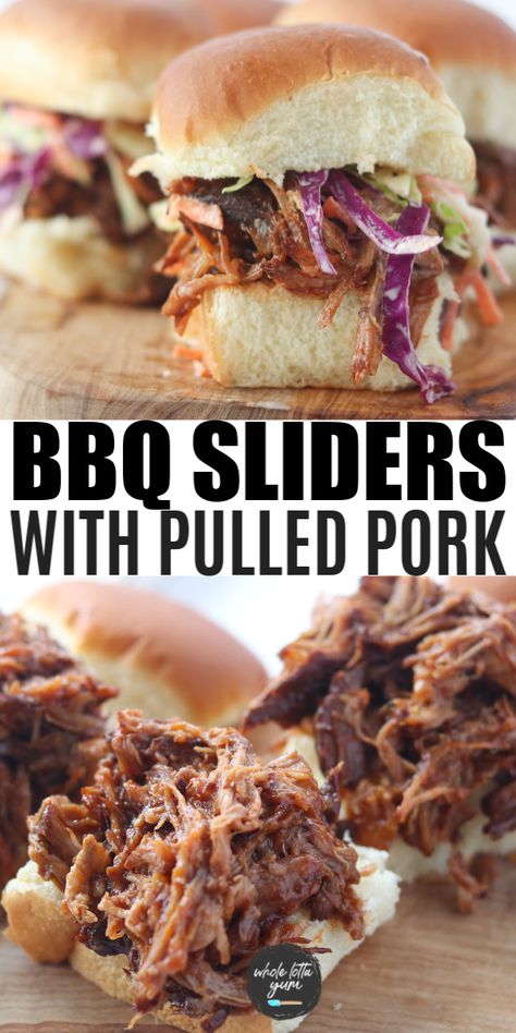 BBQ pulled pork sliders on Hawaiian rolls make for an easy summer dinner or appetizer at a BBQ or party. These are a great use for leftover crock-pot pulled pork for a healthy and easy meal. Pork Sliders Crockpot, Bbq Pulled Pork Sliders, Pork Sliders Recipes, Sliders On Hawaiian Rolls, Crockpot Pulled Pork Bbq, Cabbage Coleslaw, Pulled Pork Slow Cooker, Sliders Recipes Hawaiian Rolls, Pork Slow Cooker