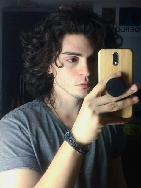 Mens Medium Length Curly Hairstyles, Dark Hair Guy Aesthetic, Guys With Long Hair Curly, Masc Long Hair, Intimidating Men, Genderfluid Haircut, Hair Highlights Blonde, Wavy Straight Hair, Long Curly Black Hair