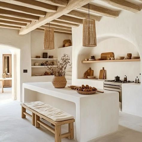 Casita Guest House Interior Design, Ibiza House Style, Modern Adobe Interior, Desert Inspired Kitchen, Adobe House Design, Tulum Kitchen Design, Greek Island Interior Design, New Mexico Style Home Interior Design, Adobe Style Homes Interior Design