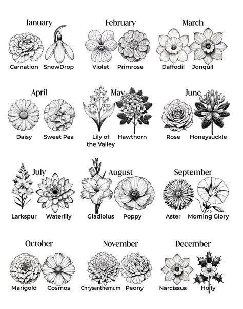 Floral Tattoo Birth Flowers, Tattoo Of Birth Flowers, April May June Birth Flower Tattoo, Birthday Flowers Tattoo Birth Month, Tattoos For Grandparents Meaningful Flowers, Birth Month Flower Sketches, Family Garden Tattoo, Birth Month Flower Painting, Parents Birth Flower Tattoo