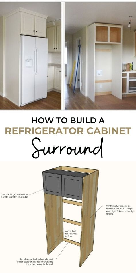 Fridge Cabinet Surround, Refrigerator Cabinet Surround, Cabinets Around Fridge, Diy Kitchen Hacks, Cabinet Fridge, Organizing Kitchen, Refrigerator Cabinet, Kitchen Storage Hacks, Cabinets Ideas