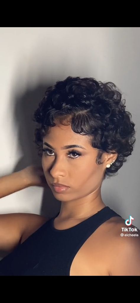 Short Army Haircut Women, Girly Pixie Haircut Short, Short Curly Hair With Side Part, Curly Pixie Bob Haircut Black Women, Curly Pixie Hairstyles For Black Women, Short Hairstyle Black Women Curly, Cute Short Cuts For Women, Fluffy Finger Waves, Bald Curly Hair