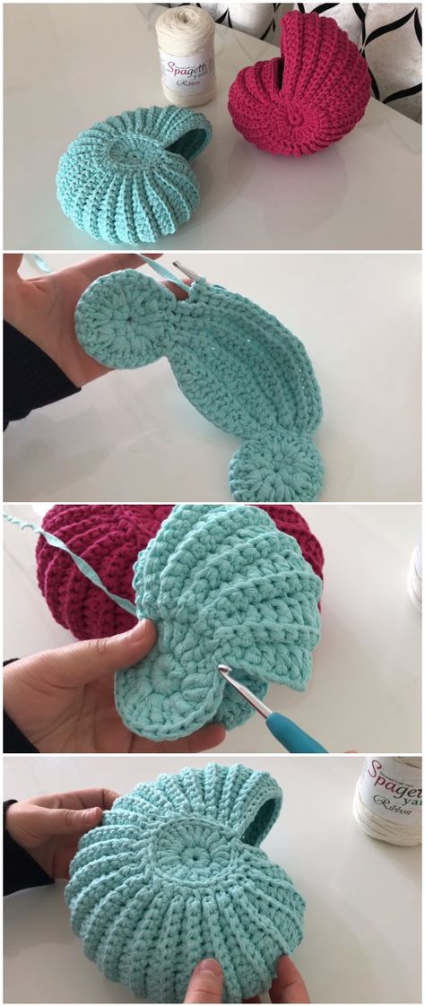 Crochet Easy Seashell Basket - Love Crochet Sea Amigurumi, Seashell Basket, Projek Mengait, Crochet Ocean, Sea Crochet, Shell Crochet, Mermaid Crochet, Crochet Basket Pattern Free, Crochet Free Patterns