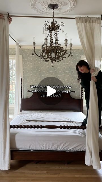 Canopy Curtains Bed, Curtains Over Bed Canopy, Canopy Bed Ideas Diy Curtain Rods, Bed Canopy Ceiling, Curtain Rod Canopy Bed, King Size Bed Canopy, Canopy Bed Low Ceiling, Canopy Bed Frame With Curtains, Small Bedroom With Canopy Bed