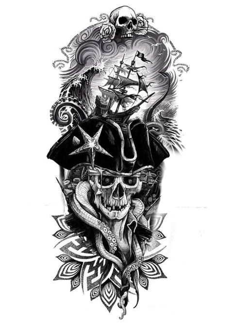 235 Remarkable Pirate Tattoos Ideas For Men and Women (2023) - TattoosBoyGirl Pirate Arm Tattoo, Nautical Pirate Tattoo, Pirate Ship Skull Tattoo, Mens Pirate Tattoos, Pirate Tattoo Sleeve Ideas, Pirates Skull Tattoo, Tattoo Ideas Pirate, Pirates Ship Tattoo, Pirate Skull Tattoo Design