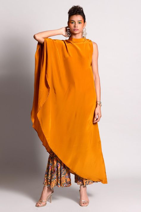 Buy Rishi & Vibhuti Yellow Crepe One Shoulder Kaftan And Pant Set Online | Aza Fashions Luxury Orange Palazzo Set For Women, One Side Sleeve Dress Indian, One Shoulder Kaftan Dresses, Luxury One-shoulder Women's Kaftan, Modern Kurti Design Style, Kaftan With Pants, Rishi Vibhuti, Unique Kaftan Designs, Kaftan Kurti