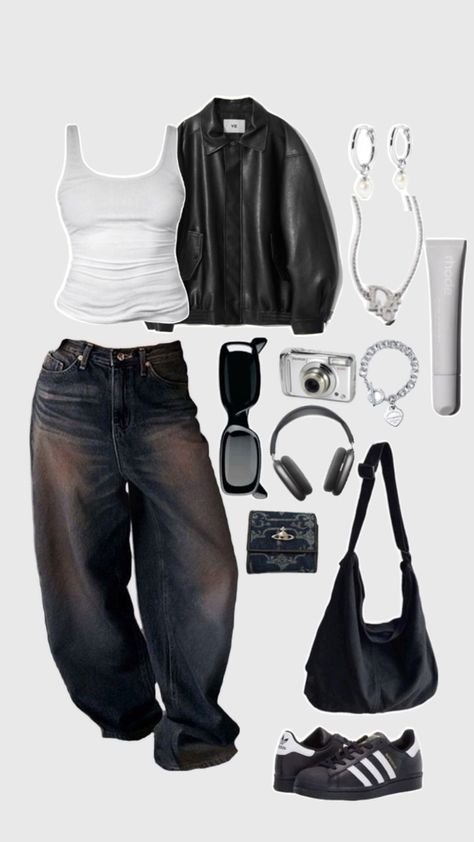 Black leather with white top and silver jewelry outfit Street Style Outfits Casual, Leather Jacket Outfit, Outfit Inspo Casual, Trendy Outfits For Teens, Cute Lazy Outfits, Jacket Outfit, Simple Trendy Outfits, Cute Everyday Outfits, Really Cute Outfits