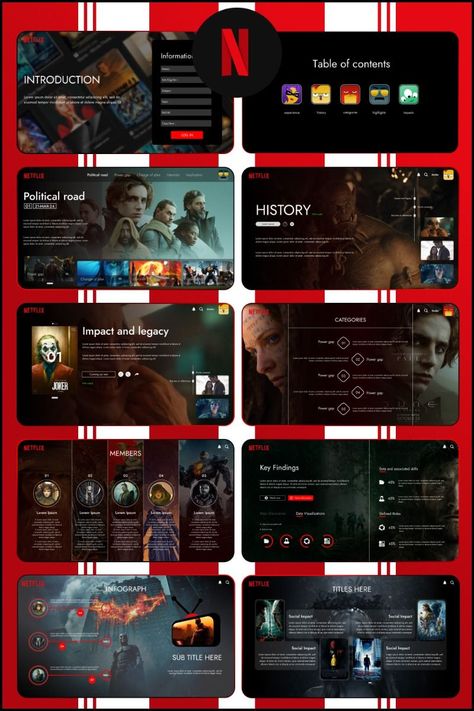 Looking for a creative way to present your next project? This Netflix-inspired PowerPoint template is perfect for you! With its bold colors, modern fonts, and stylish graphics, this template will help you stand out from the crowd. Try it today and see how your presentation can be more Ppt Movie Design, Slide Shows Presentation, Netflix Presentation Design, Netflix Theme Powerpoint, Cinematic Presentation Design, Creative Ideas For Presentations, Netflix Inspired Ppt Template, Disney Ppt Template, Netflix Ppt Template