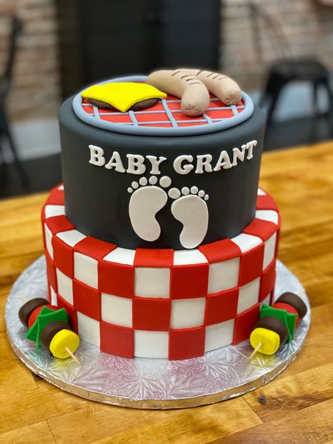 Baby Q Desserts, Babyque Cake, Ribs And Bibs Baby Shower Ideas, Baby Q Cake Ideas, Bbq Gender Reveal Ideas For Party, Baby Q Cupcakes, Bbq Themed Baby Shower Ideas, Bbq Birthday Cake, Baby Q Baby Shower Ideas