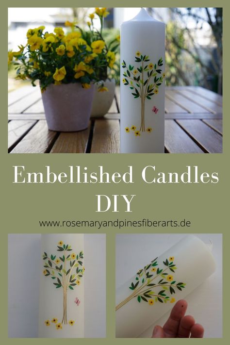 Pillar Candles Decor, Diy Flameless Candles, Embellished Candles, Candle Embellishments, Make A Candle, Pillar Candle Decor, Candle Designs, Candle Decoration, Candles Diy