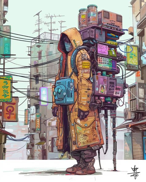 Cyberpunk Merchant with Giant Backpack and Signage Sci Fi Backpack Concept Art, Medic Concept Art, Merchant Concept Art, Backpack Concept Art, Cyberpunk Backpack, Backpack Inktober, Giant Backpack, Cyberpunk Apocalypse, Cyberpunk Environment