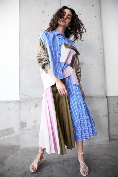 Tanya Taylor Resort 2025 Fashion Show | Vogue Resort 2025, Knit Shirt Dress, 2025 Fashion, Dress With Pleats, Denim Midi Dress, Tanya Taylor, Copenhagen Fashion Week, Column Dress, Runway Trends