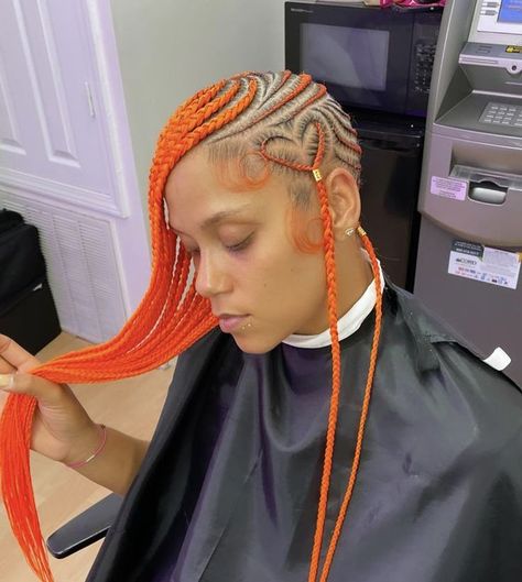 Small Lemonade Braids With Heart, Orange Feed In Braids, Orange Braids For Black Women, Lemonade Braids With Designs, Pretty Lemonade, Lemonade Braids With Heart, Dyed Braids, Heart Braids, Hairstyles Protective