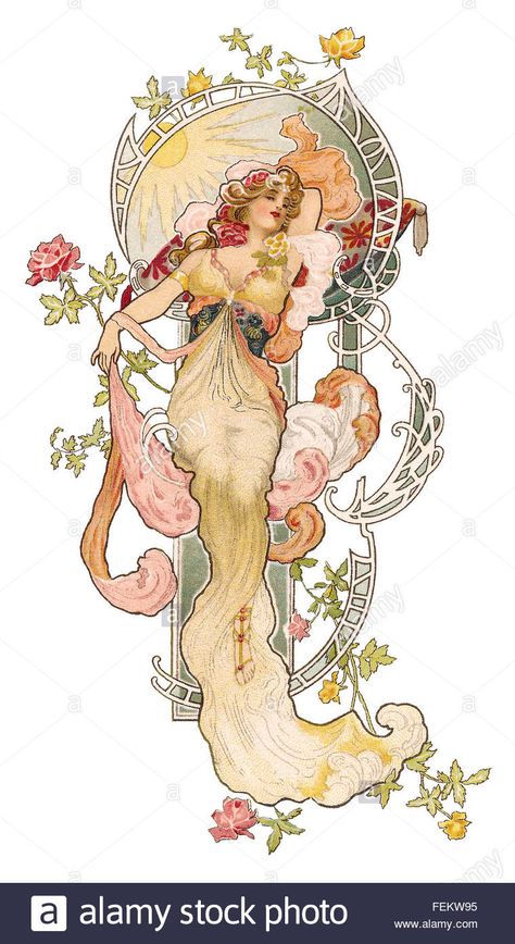 An art nouveau illustration by Eva Daniell of a beautiful woman. Butik Design, Art Nouveau Mucha, Art Nouveau Tattoo, Motifs Art Nouveau, Kunst Inspo, Nouveau Tattoo, Illustration Art Nouveau, Alphonse Mucha Art, Kunst Tattoos