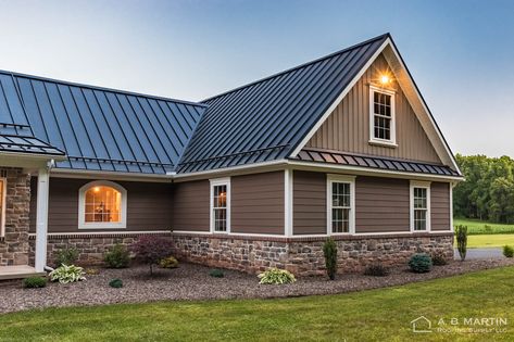 Tin Roof And Siding Color Combinations, Brown Metal Roof Houses, Tan House Black Roof, Black Metal Roof Farmhouse, Metal Roof And Siding Color Combinations, House With Black Metal Roof, Brown Tin Roof, Metal Roof Houses Color Combos, Autumn Drive