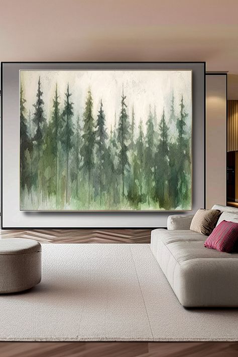 Original handmade forest landscape painting with misty green pine trees on canvas, creating a serene atmosphere Forest Landscape Painting, Earthy Green, Green Palette, Forest Painting, Handmade Wall Art, Forest Landscape, Pine Trees, Landscape Painting, Handmade Art