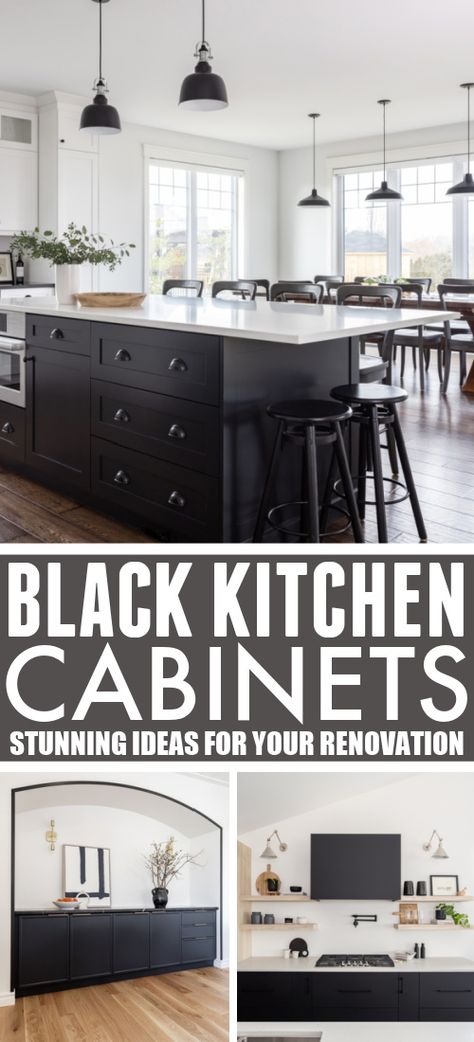 Black Kitchen Cabinets Ideas, Black Kitchen Cabinet, Kitchen Cabinet Inspiration, Modern Black Kitchen, White Kitchen Backsplash, Kitchen Cabinets Ideas, Kitchen Cabinet Ideas, Black Kitchen Island, Minimal Kitchen