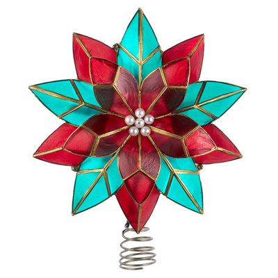 The 9.5-Inch UL 10-Light Red & Green Poinsettia Treetop is the best way to add a finishing touch to a decorated Christmas tree. It's double multi-point design features a red and green Capiz shell detailing with a multi-layered star, white pearl center, 10 warm white lights and gold tin stripe trim throughout. It sits atop a matching coil, which attaches securely to your tree. | Kurt Adler Poinsettia Treetop 10 Light String Lights in White | 9.5 H x 1.5 W x 8.5 D in | Wayfair Poinsettia Tree, Warm White Lights, Wreath Home Decor, Elf Ornaments, Capiz Shell, Tree Garland, White Lights, Kurt Adler, Tree Topper