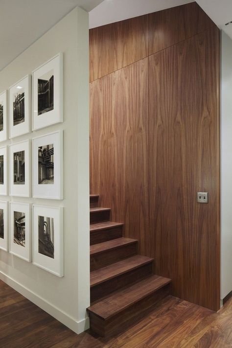 Enclosed Staircase Ideas, Enclosed Staircase, Tribeca Apartment, Tribeca New York, Staircase Interior Design, Stair Wall, Staircase Wall, Walnut Floors, American Interior