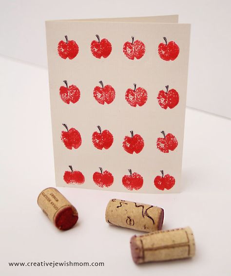 Rosh Hashana Cards, Rosh Hashana Crafts, Rosh Hashanah Cards, Jewish Crafts, Rosh Hashana, Wine Cork Crafts, Apple Prints, Wine Corks, Cork Crafts