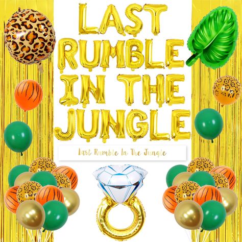 PRICES MAY VARY. Jungle Bachelorette Party Decorations: The jungle bachelorette party decorations include 20 x jungle safari theme balloons 12 inches, 1 x gold foil fringe curtain backdrop 3 x 6 ft, 1 x last rumble in the jungle foil balloons 16 inches, 1 x ring balloon bachelorette, 1 x green leaves foil balloon, 1 x leopard print balloons 22 inches, 1 x last rumble in the jungle sash, 3pcs artificial palm leaves, 2pcs white ribbons Perfect Jungle Safari Bachelorette Party Decorations: Do you w Jungle Bachelorette Party, Last Rumble In The Jungle, Jungle Bachelorette, Fringe Curtain Backdrop, Ring Balloon, Foil Fringe Curtain, Jungle Safari Theme, Artificial Palm Leaves, Cowgirl Bachelorette Parties