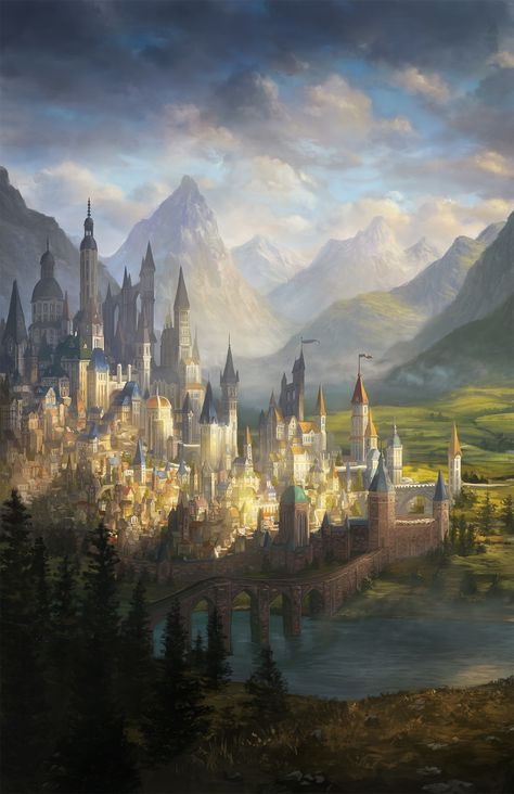 Fantasy Kingdom Cities, Kingdom Illustration, Elven City, Board Illustration, Fantasy Kingdom, Fantasy City, Fantasy Castle, Fantasy Setting, Fantasy Places