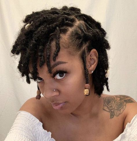 Loc Styles For Short Hair Birthday, Dread Cornrow Styles, Medium Starter Locs Short 4c Hair, Styled Short Locs Black Women, Locs Style Short Hair, Lox Hairstyles Short, Loc Hairstyles Short Locs, Super Short Loc Styles, Formal Loc Styles Black Women Short