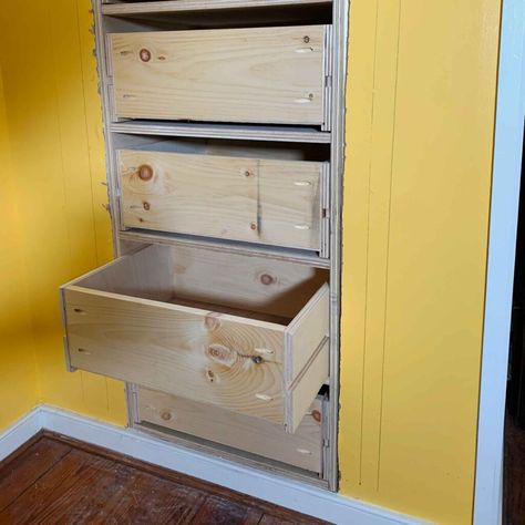 How To Install An In-Wall Built In Dresser - Lazy Guy DIY Build A Dresser, Dresser Drawer Slides, Craftsman Style Bungalow, Diy Cabinet Doors, Dresser In Closet, Built In Dresser, Closet Built Ins, Drawers Bedroom, Built In Cabinet