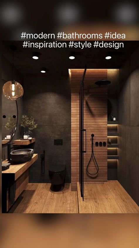 A luxurious bathroom ideas will look dull if the towels and bath rugs are not of the right color  pattern or design. Bathroom walls need to have enough light and heat. Black Wooden Bathroom Ideas, Black And Brown Restroom Ideas, Black Tiles Bathroom Ideas, Dark Bathroom Remodel, Dark Toilet Design, Black Restroom Ideas, Modern Industrial Bathroom Design, Modern Black Bathroom Design, Black And Wood Bathroom Ideas