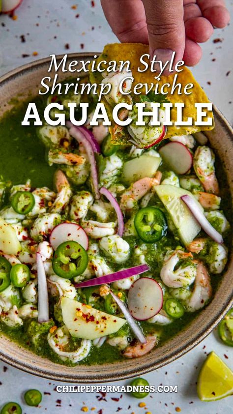 Dipping a chip into the Mexican style shrimp ceviche (Aguachile). Mexican Style Shrimp, Ceviche Recipe Mexican, Shrimp Ceviche Recipe, Canned Seafood, Ceviche Recipe, Shrimp Ceviche, Mexican Dinner Recipes, Shrimp Recipes For Dinner, Shrimp Recipes Easy